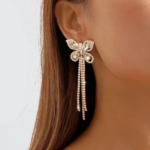 Butterfly Chandelier Pave Rhinestone CZ Crystal Gold Earrings Butterflies New - Picture 4 of 5